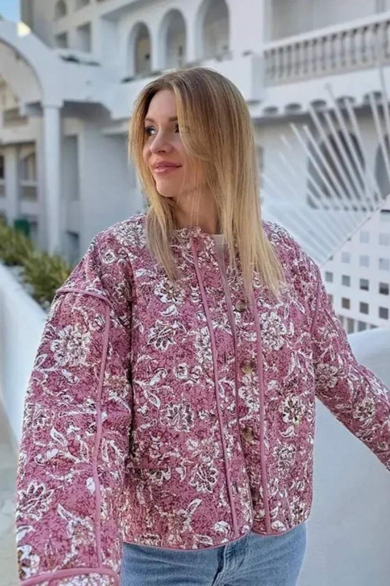 Pembe Çiçek Desenli Oversize Kapitone Ceket Zalle