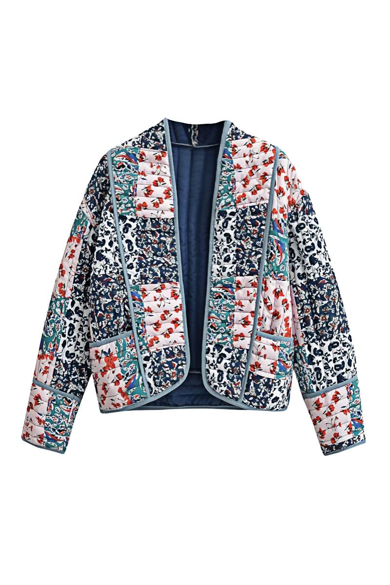 Mavi Yeşil Patchwork Desenli Kapitone Ceket Zalle