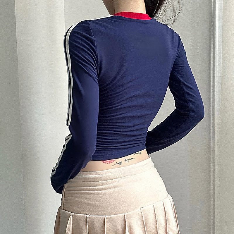 Striped Blue Thin Round Neck Long Sleeve T-Shirt
