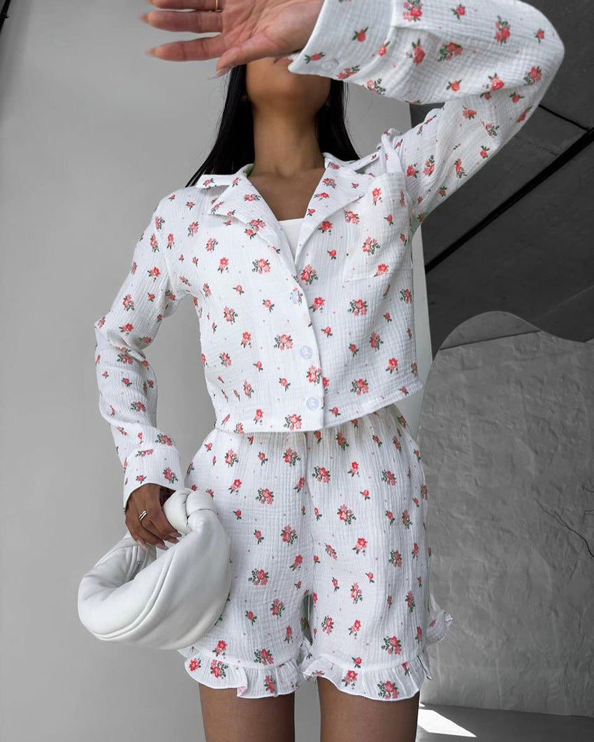 Saf Pamuk Çiçekli Pijama Takımı