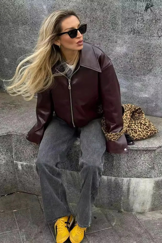 Kahverengi Şık Lapel Deri Biker Ceket Zalle