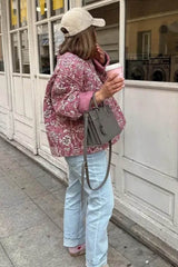 Pembe Çiçek Desenli Oversize Kapitone Ceket Zalle