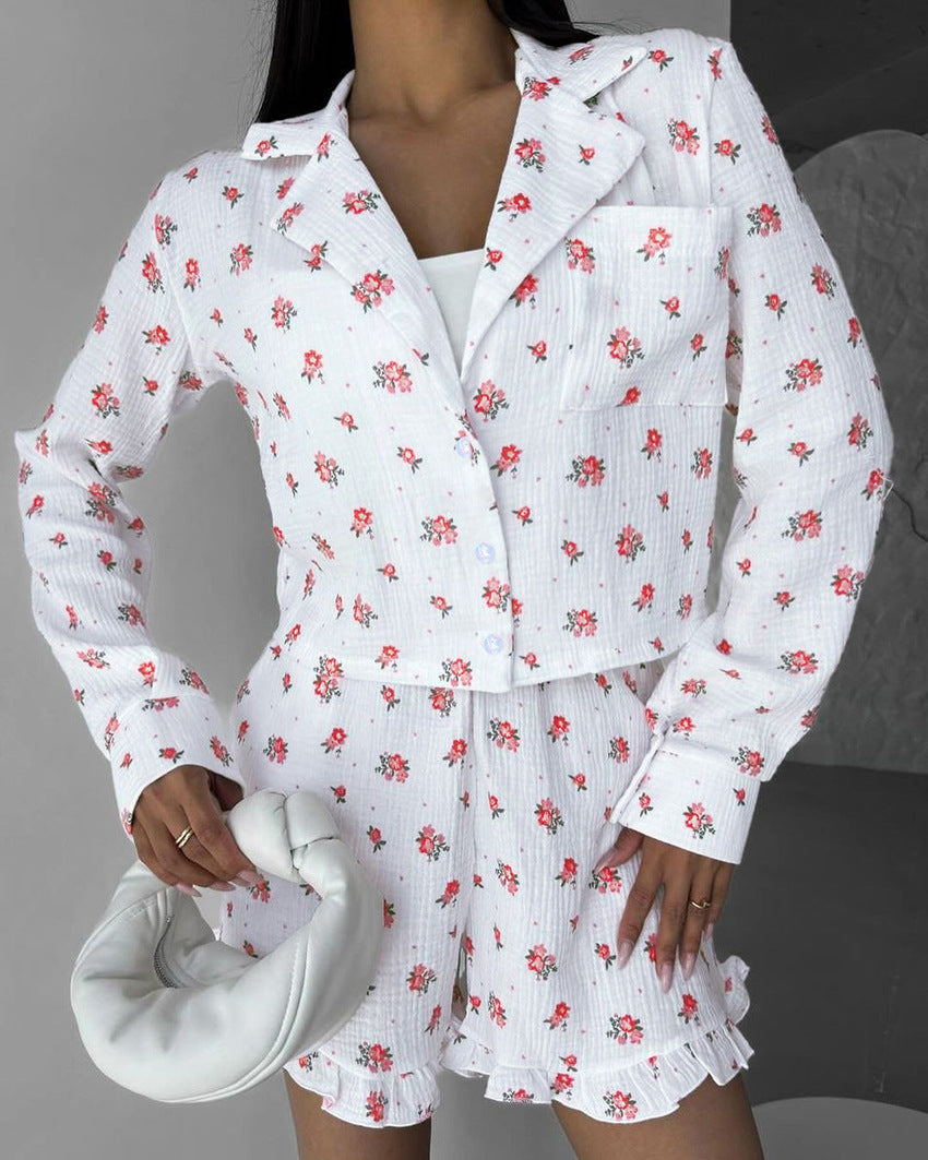 Saf Pamuk Çiçekli Pijama Takımı