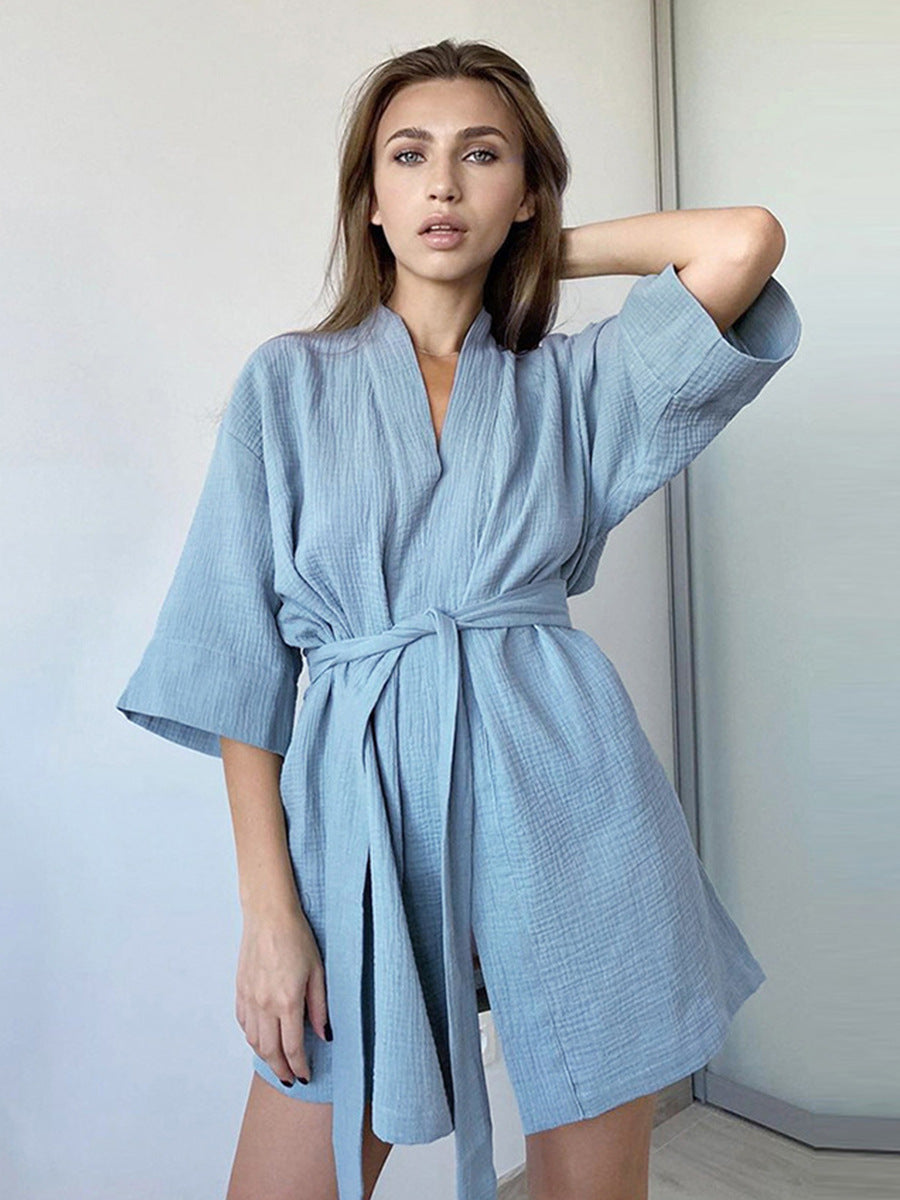 Pamuksu Dokulu Düşük Omuz Kimono Sabahlık