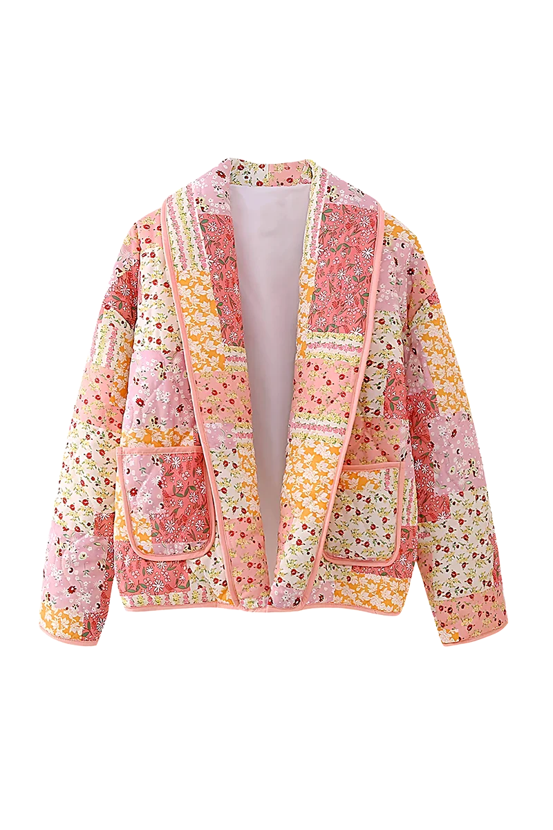 Pembe Patchwork Desenli Oversize Kapitone Ceket Zalle