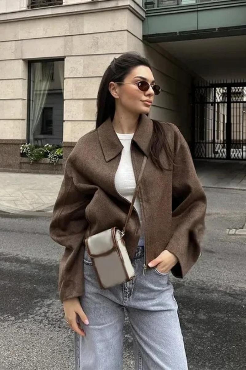 Klasik Yaka Fermuarlı Oversize Kaşe Ceket Zalle