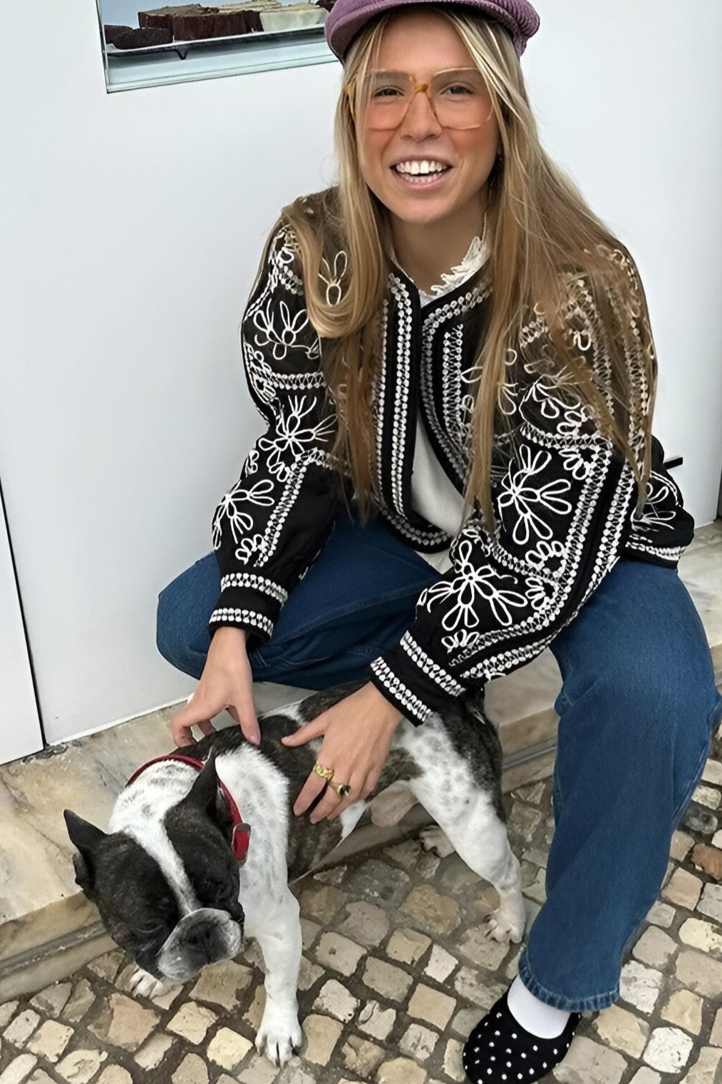 Siyah Beyaz Çiçek Nakışlı Uzun Kollu Bomber Ceket Zalle