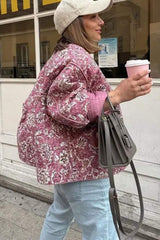 Pembe Çiçek Desenli Oversize Kapitone Ceket Zalle