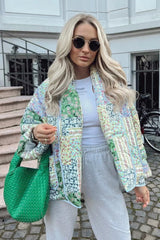 Yeşil Patchwork Desenli Oversize Kapitone Ceket Zalle