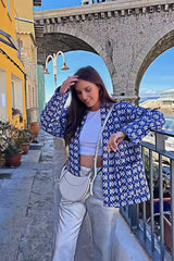 Mavi Etnik Desenli Oversize Kapitone Ceket Zalle