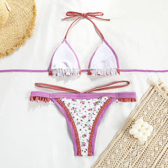 Pembe Çiçek Desenli Fırfırlı Mikro Bikini Takımı Zalle