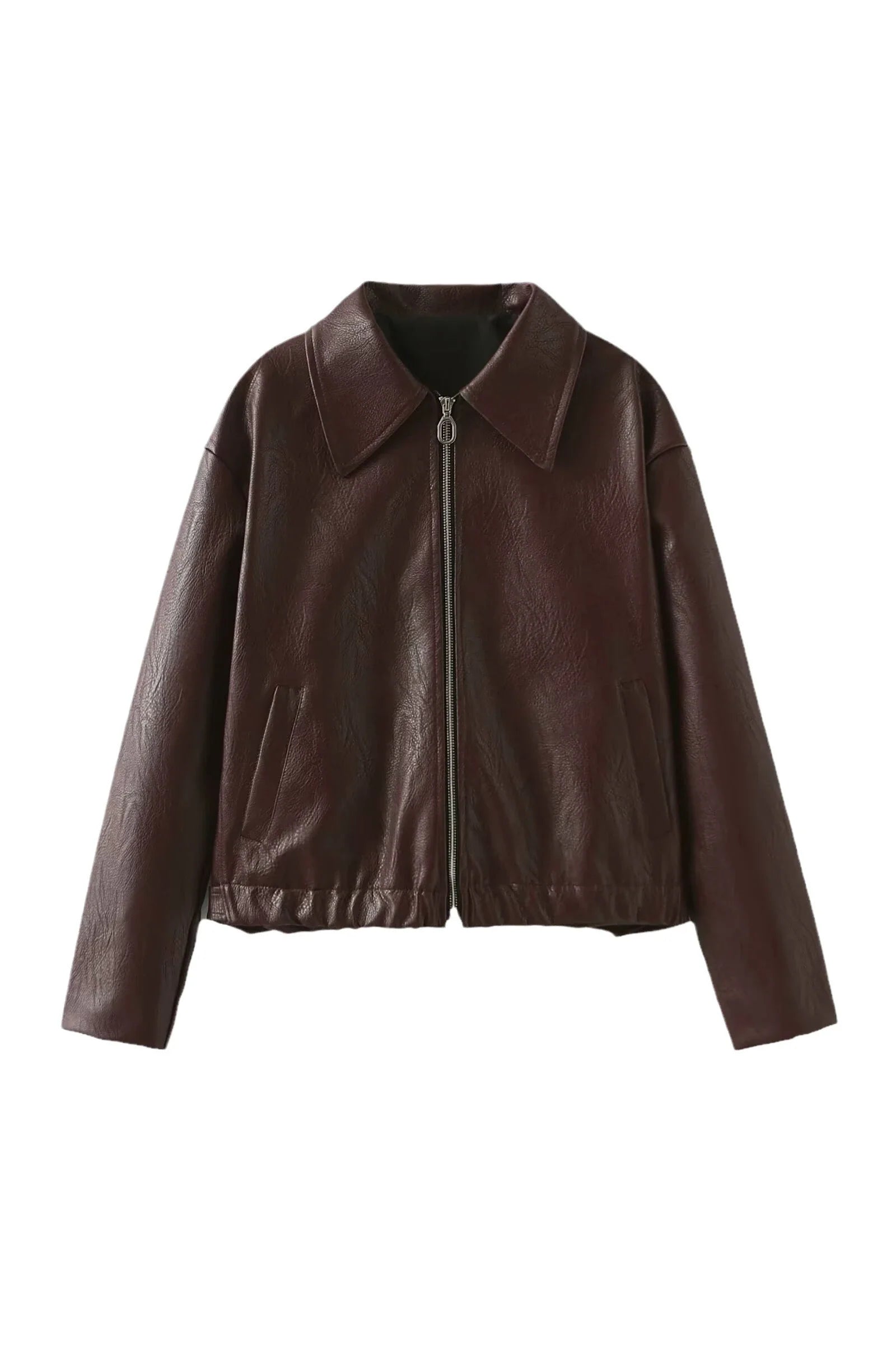 Kahverengi Şık Lapel Deri Biker Ceket Zalle