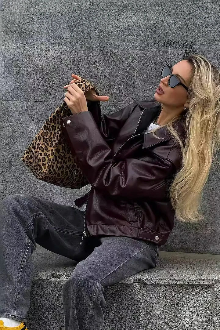 Kahverengi Şık Lapel Deri Biker Ceket Zalle