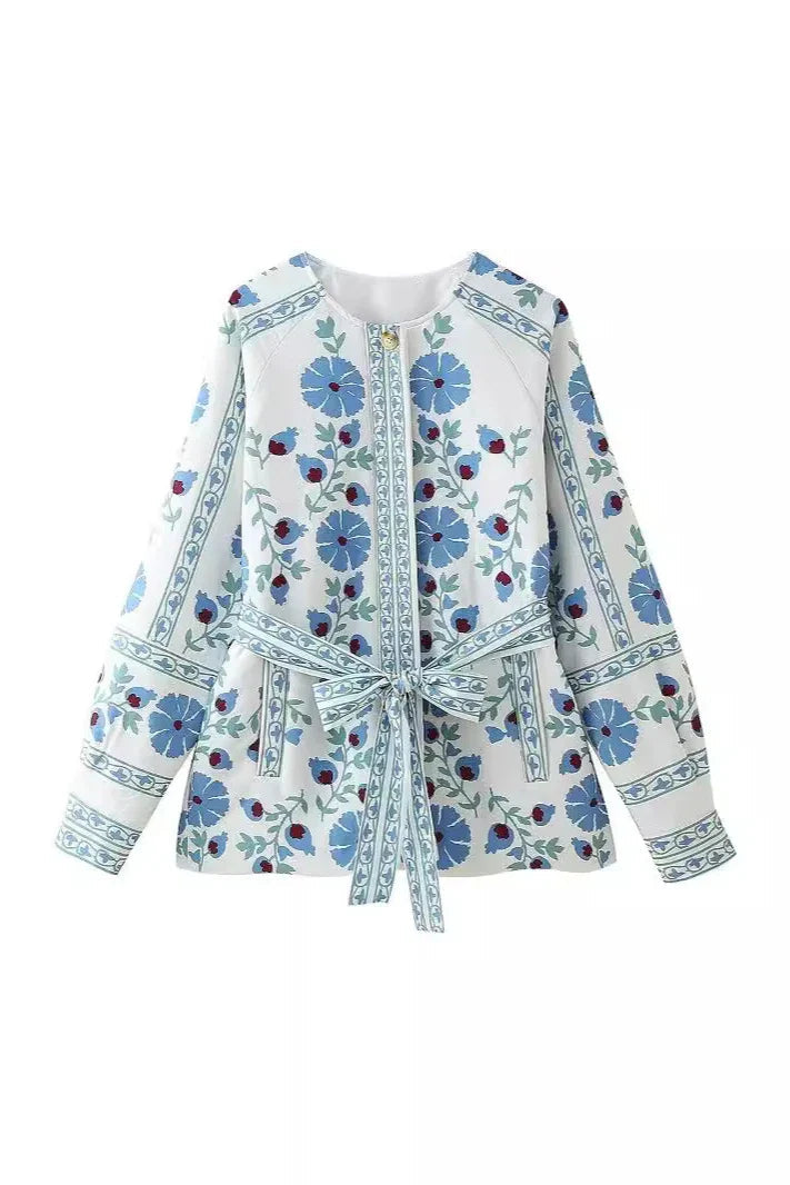 Krem Renk Çiçek Desenli Kuşaklı Blazer Ceket Zalle