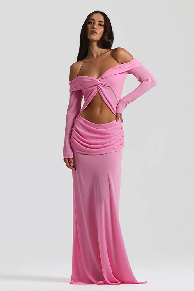 Omzu Açık Drape Detaylı Maxi Elbise