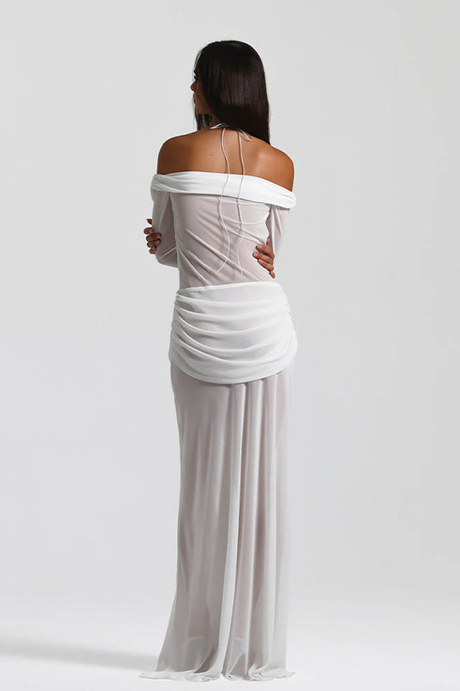Omzu Açık Drape Detaylı Maxi Elbise