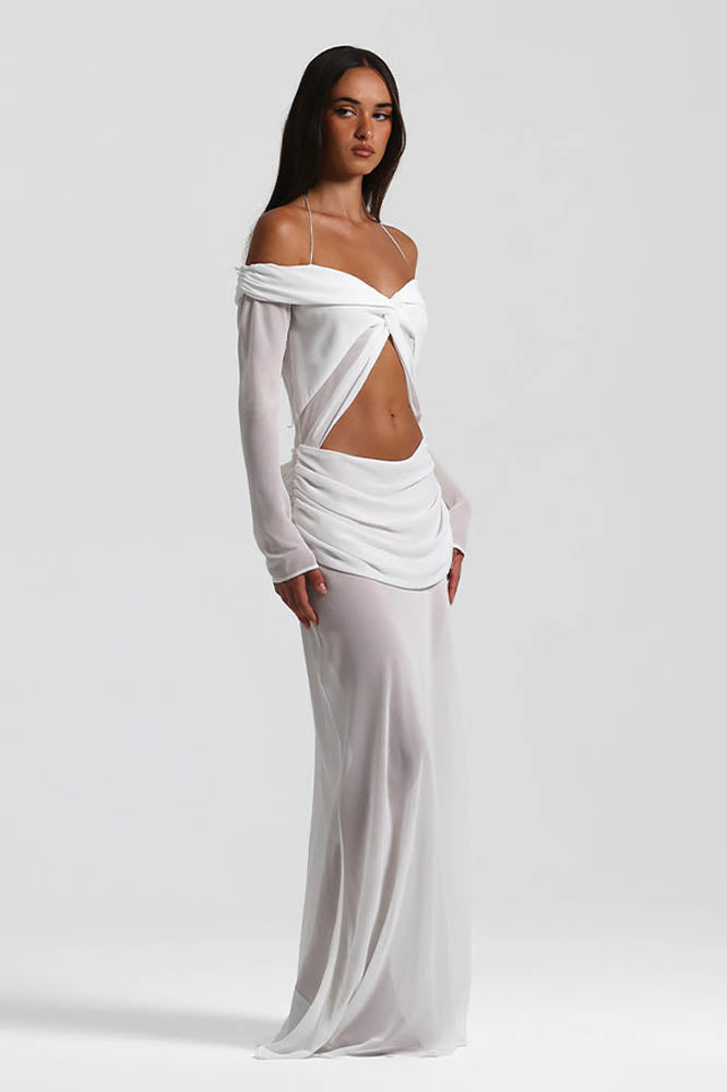 Omzu Açık Drape Detaylı Maxi Elbise
