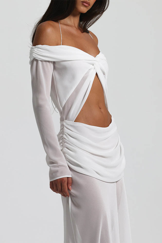 Omzu Açık Drape Detaylı Maxi Elbise