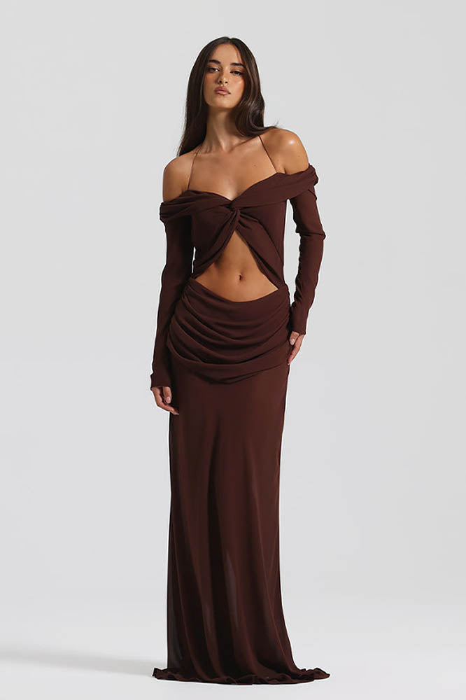 Omzu Açık Drape Detaylı Maxi Elbise