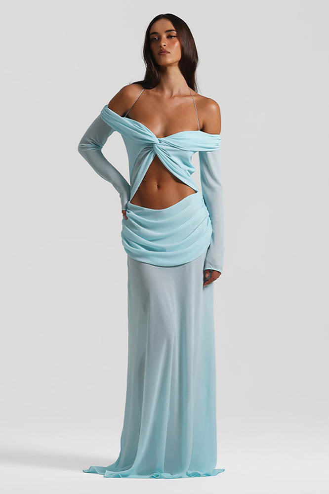 Omzu Açık Drape Detaylı Maxi Elbise