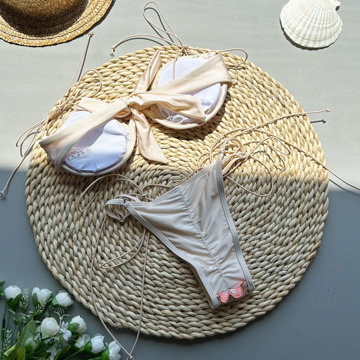Bawełniany, haftowany trójkątny komplet bikini z kwiatowym wzorem