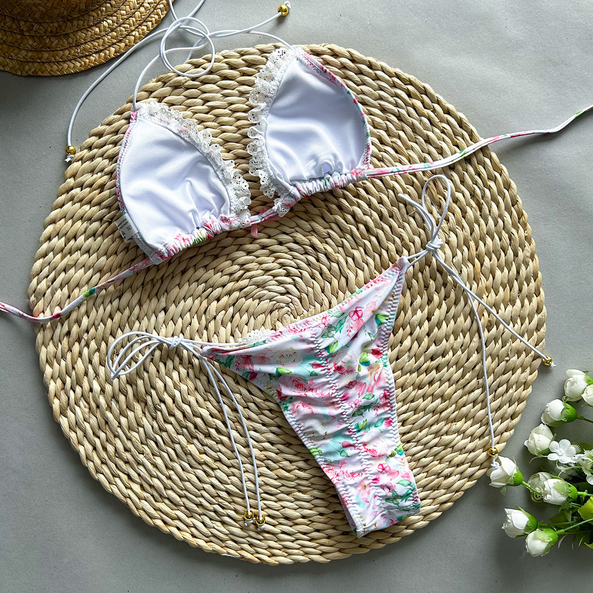 Komplet bikini trójkątny z bawełny z koronką i wzorem kwiatowym