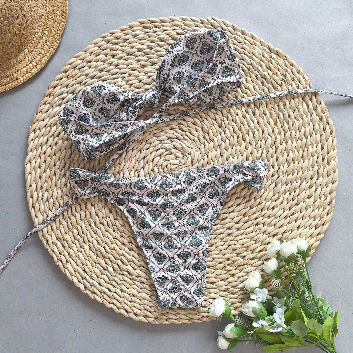 Pamuklu Retro Desenli Straplez Bikini Takımı Zalle