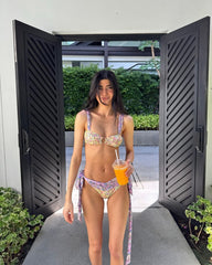 Pastel Çiçek Desenli Fiyonklu Yüksek Belli Bikini Takımı