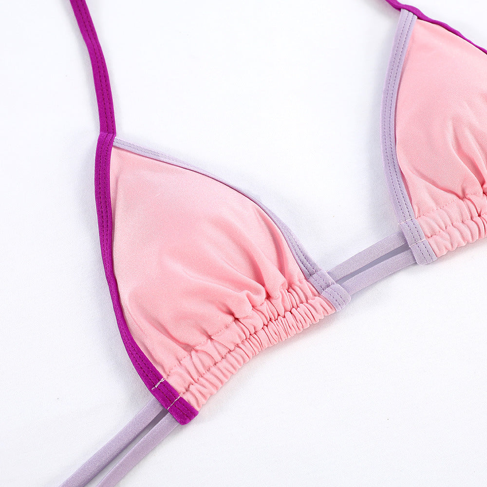 Pink-Lilac Color Block String Detail Bikini Set