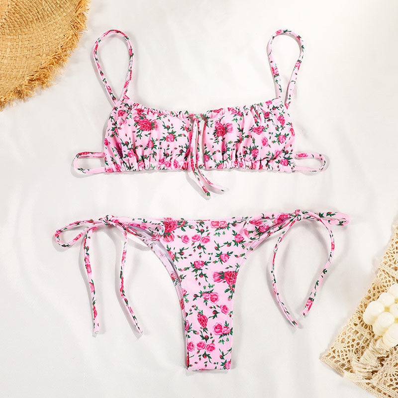Pembe Gül Desenli Bağlamalı Kadın Bikini Takımı Zalle