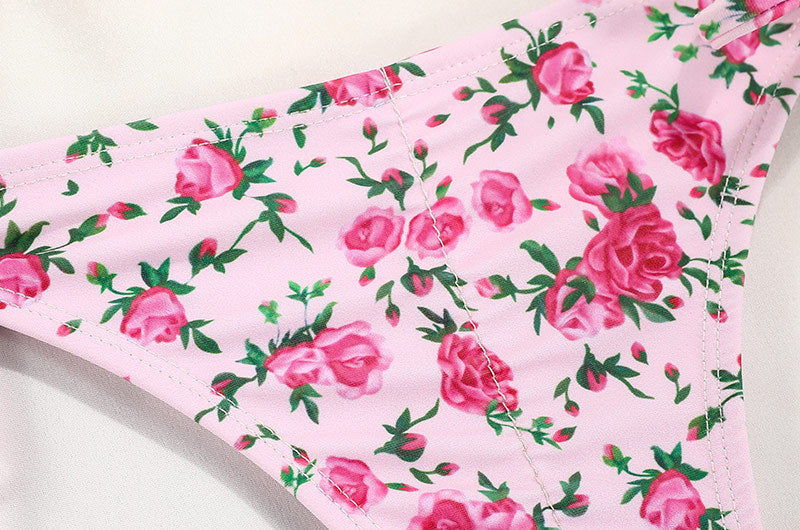 Pembe Gül Desenli Bağlamalı Kadın Bikini Takımı Zalle