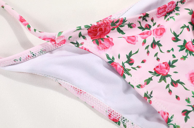 Pembe Gül Desenli Bağlamalı Kadın Bikini Takımı Zalle
