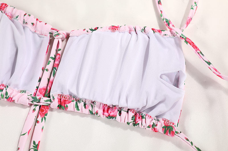 Pembe Gül Desenli Bağlamalı Kadın Bikini Takımı Zalle