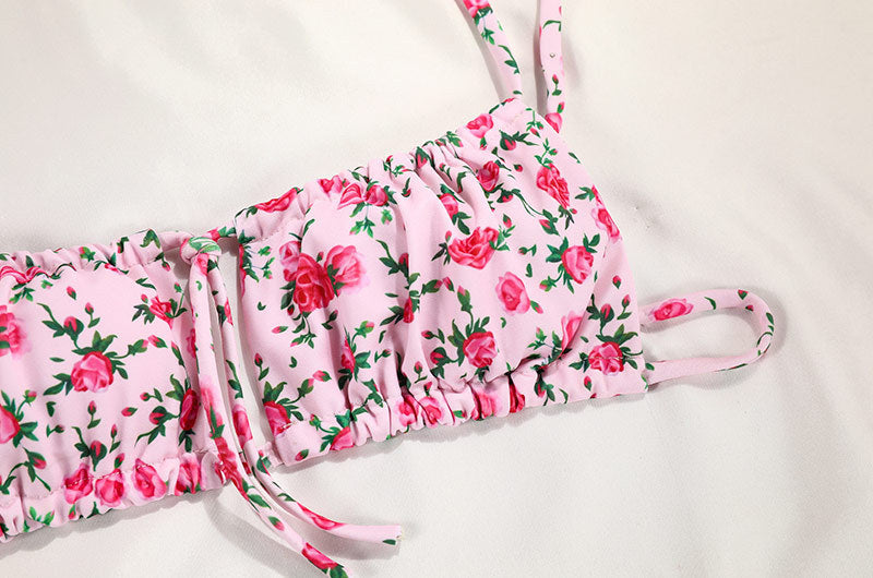 Pembe Gül Desenli Bağlamalı Kadın Bikini Takımı Zalle