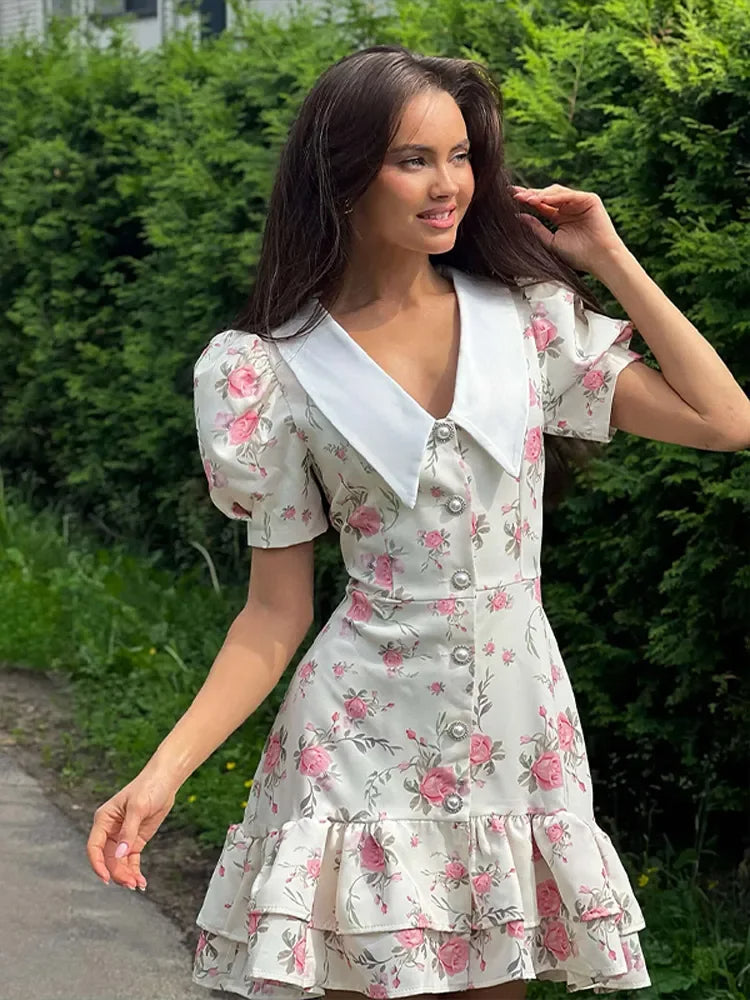 Pembe Güllü Fırfırlı Mini Elbise
