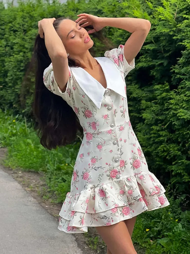 Pembe Güllü Fırfırlı Mini Elbise