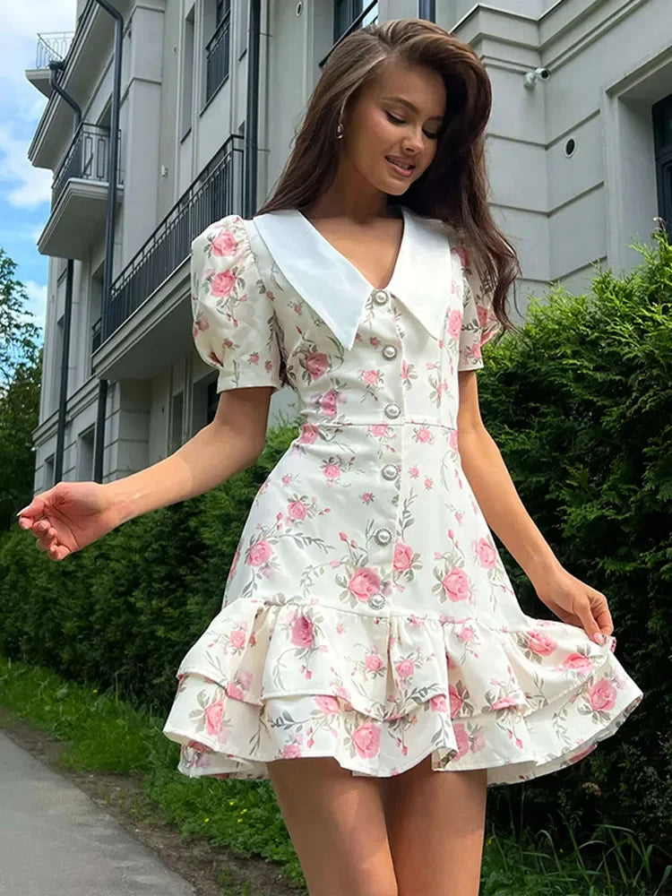 Pembe Güllü Fırfırlı Mini Elbise