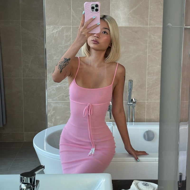 Pembe İp Askılı Bodycon Maxi Elbise Zalle