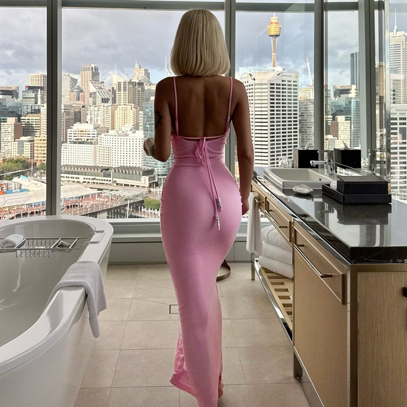 Pembe İp Askılı Bodycon Maxi Elbise Zalle