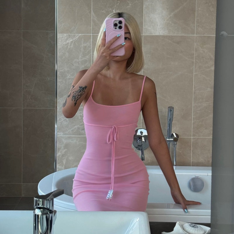Pembe İp Askılı Bodycon Maxi Elbise Zalle