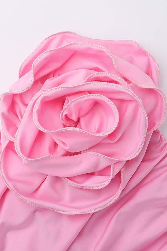 Pembe Straplez Gül Detaylı Büzgülü Midi Elbise Zalle