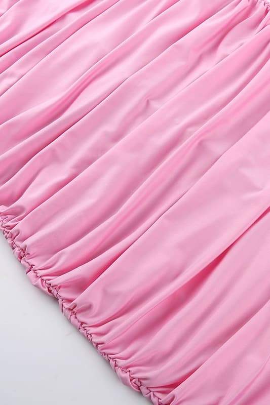 Pembe Straplez Gül Detaylı Büzgülü Midi Elbise Zalle