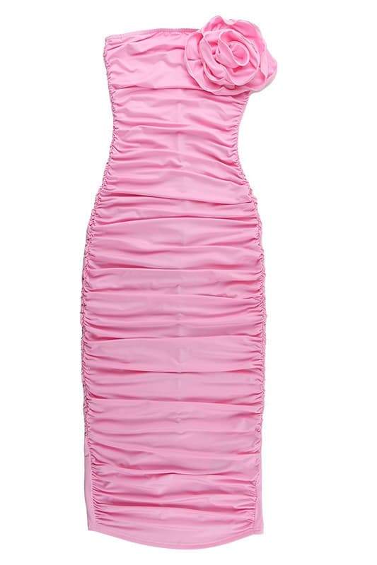 Pembe Straplez Gül Detaylı Büzgülü Midi Elbise Zalle