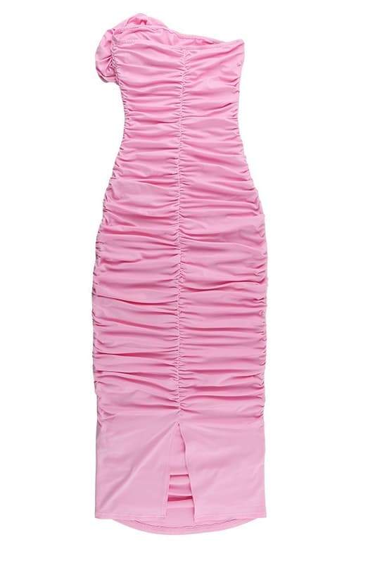 Pembe Straplez Gül Detaylı Büzgülü Midi Elbise Zalle