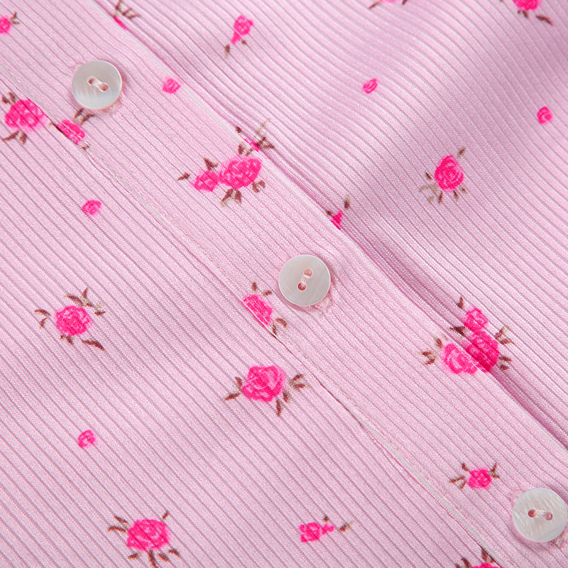 Pembe Çiçek Desenli Uzun Kollu Düğmeli Kadın Tulum Pijama