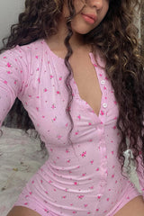 Pembe Çiçek Desenli Uzun Kollu Düğmeli Kadın Tulum Pijama