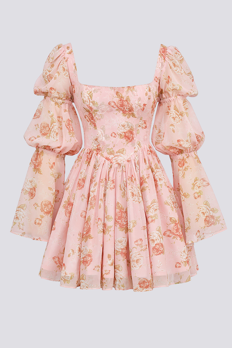 Pudra Pembe Çiçek Desenli Kare Yaka Uzun Kollu Fırfırlı Mini Elbise Zalle