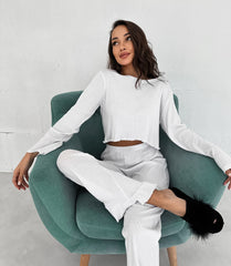 Relaxed Cut Long Sleeve White Cotton Pajama Set