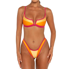 Renk Bloklu V Dekolteli Yüksek Bel Bikini Takımı
