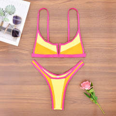 Renk Bloklu V Dekolteli Yüksek Bel Bikini Takımı